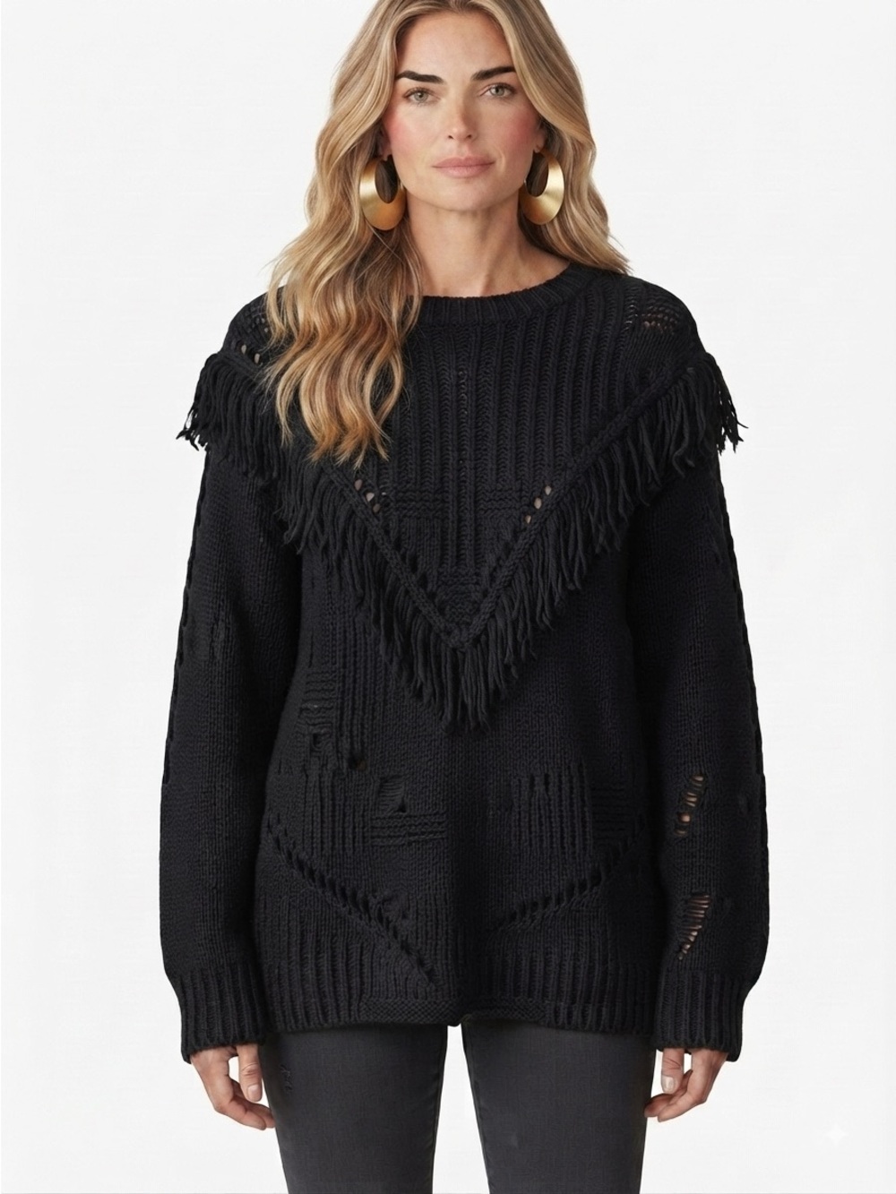 H&M Black Chunky Knit Sweater V Shaped Fringe Pullover Boho